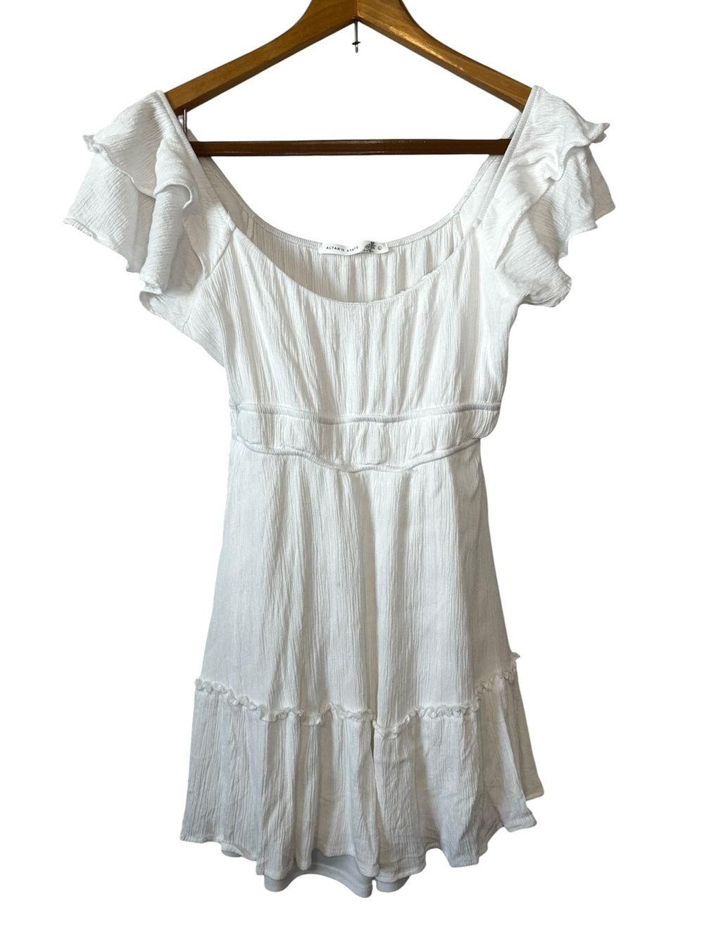 Altar'd State Women's Ruffle Sleeve Mini Dress Size L White Empire Waist Tiered